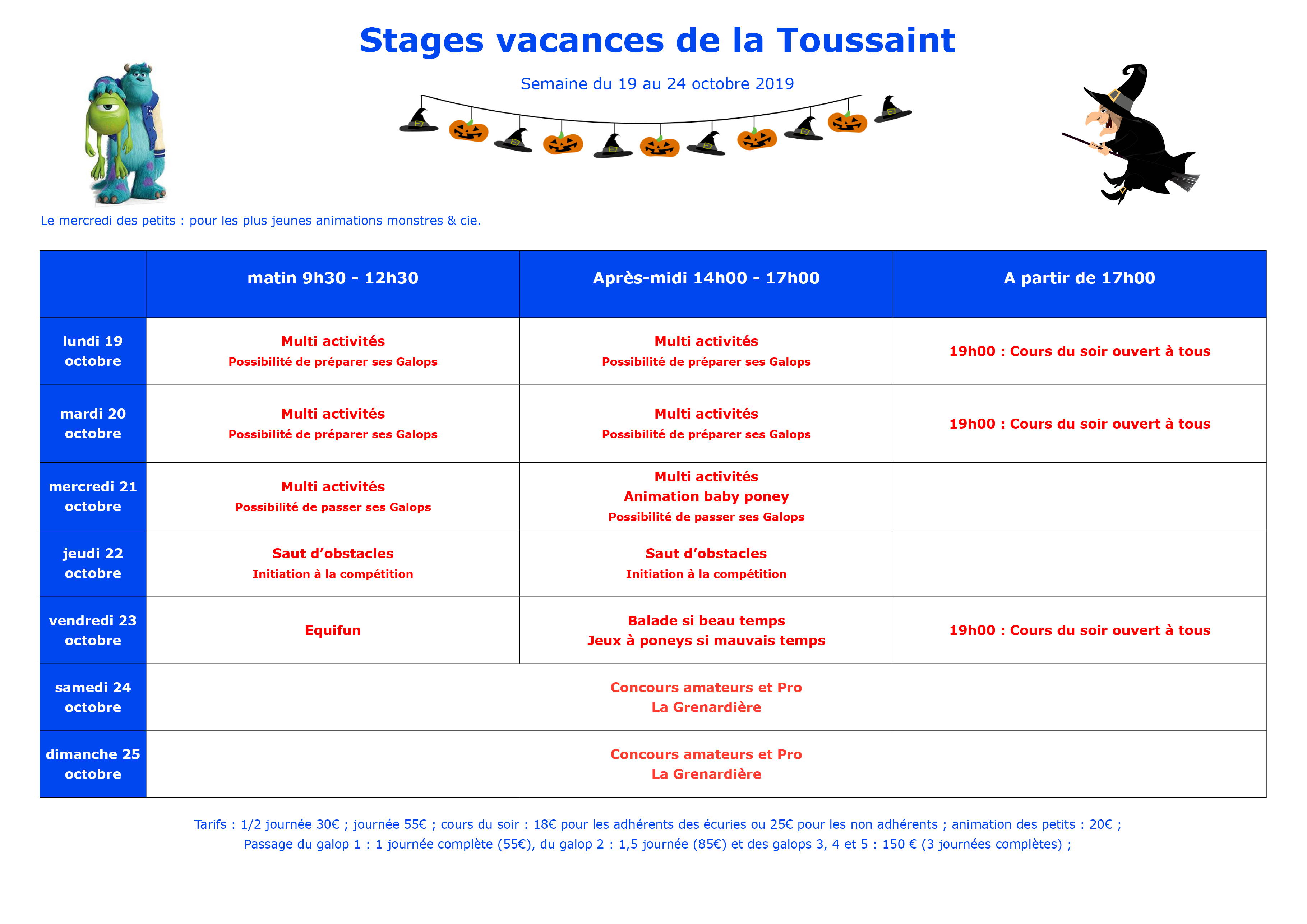planning des atges centre equestre du Noyer